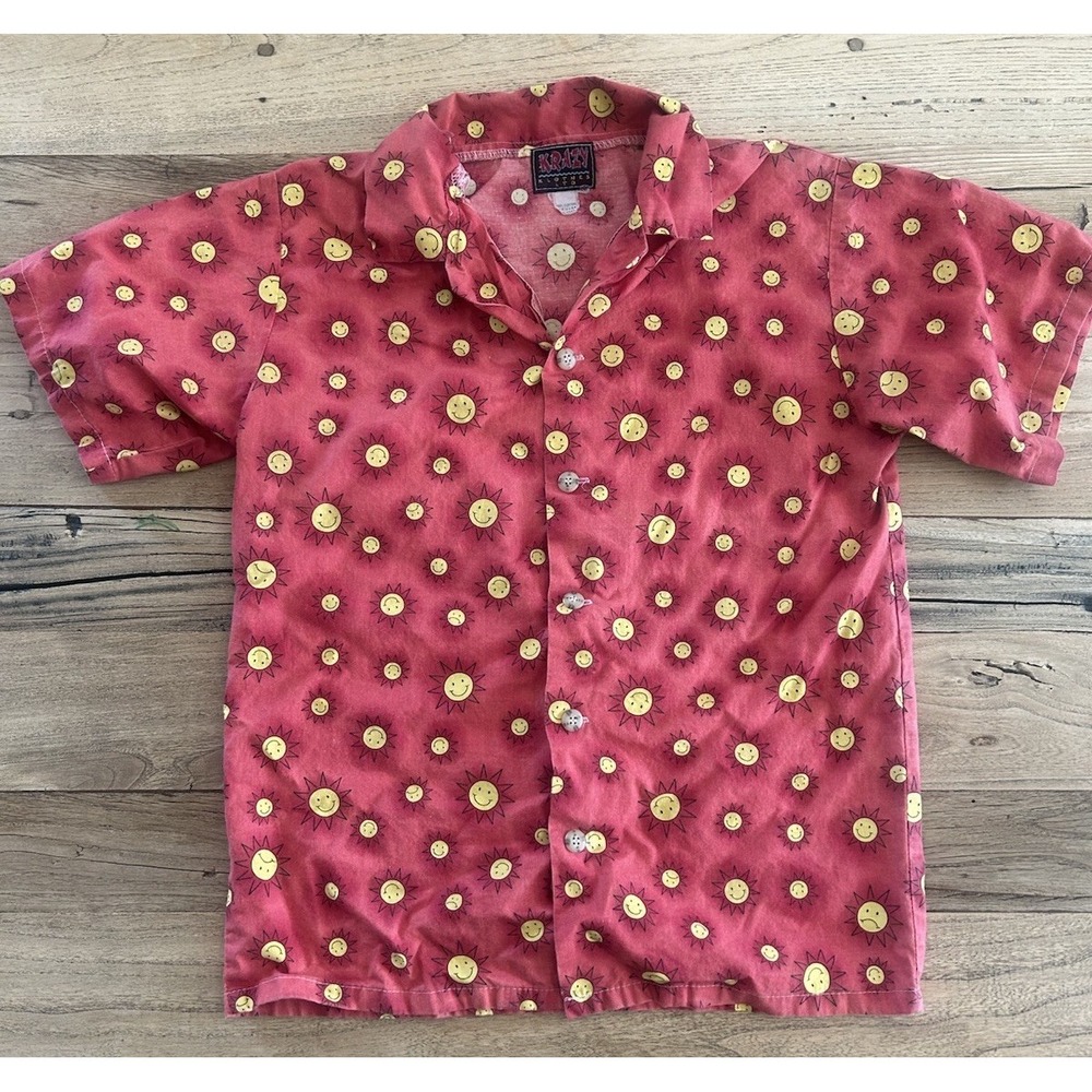 Vintage Krazy Smiley/Frowny Face Red Button Shirt Small Made In USA AOP